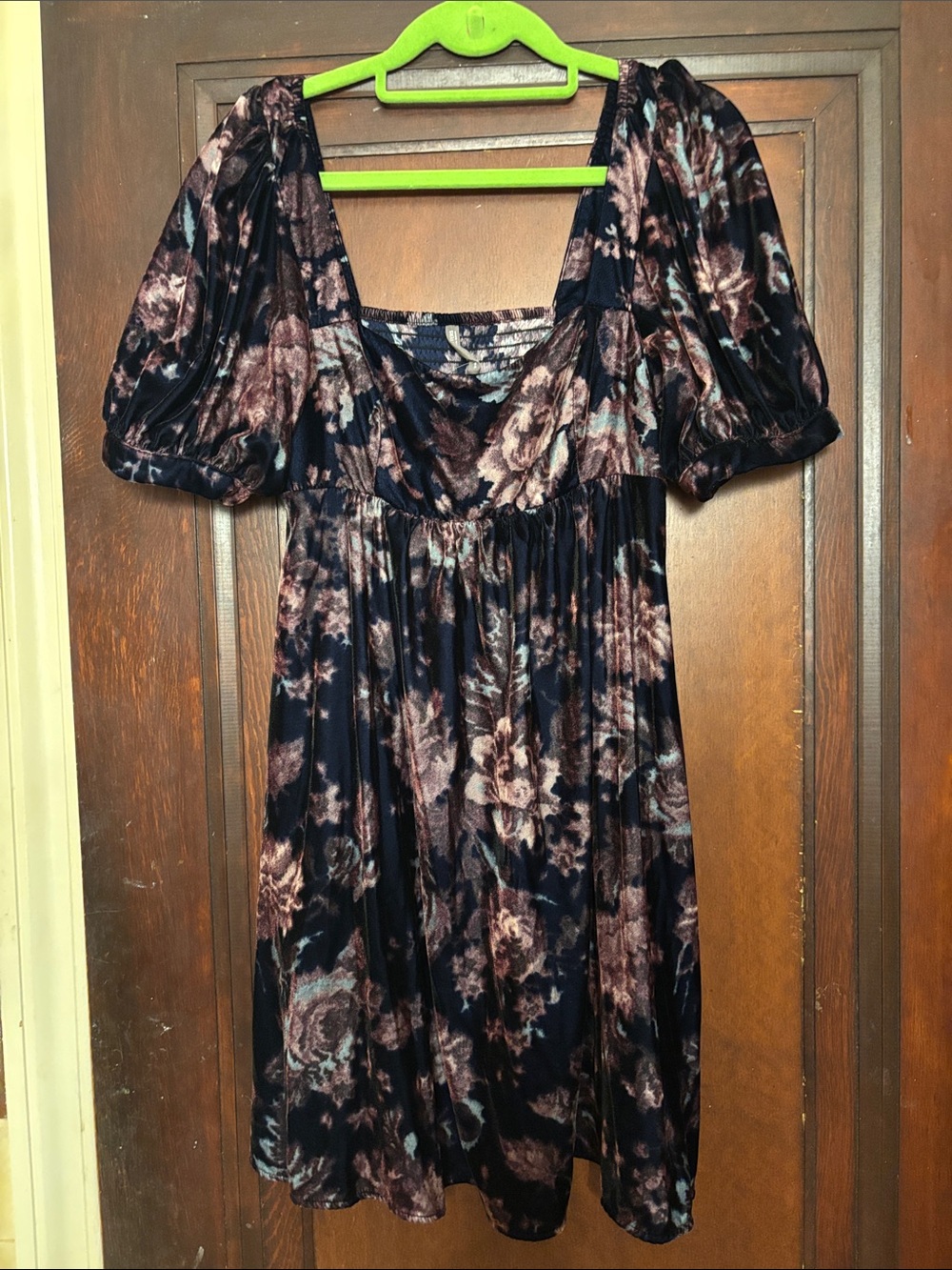 Urban Outfitters: Velvet Floral Empire Waist Dress in Navy and Mauve